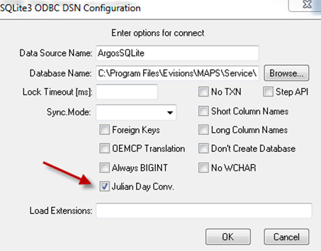 SQLite3 ODBC DSN Configuration.  Data Source Name: ArgosSQLite.  Database Name: C:\Program Files\Evisions\MAPS\Service\...  Julian Day Conv.: checkbox checked.